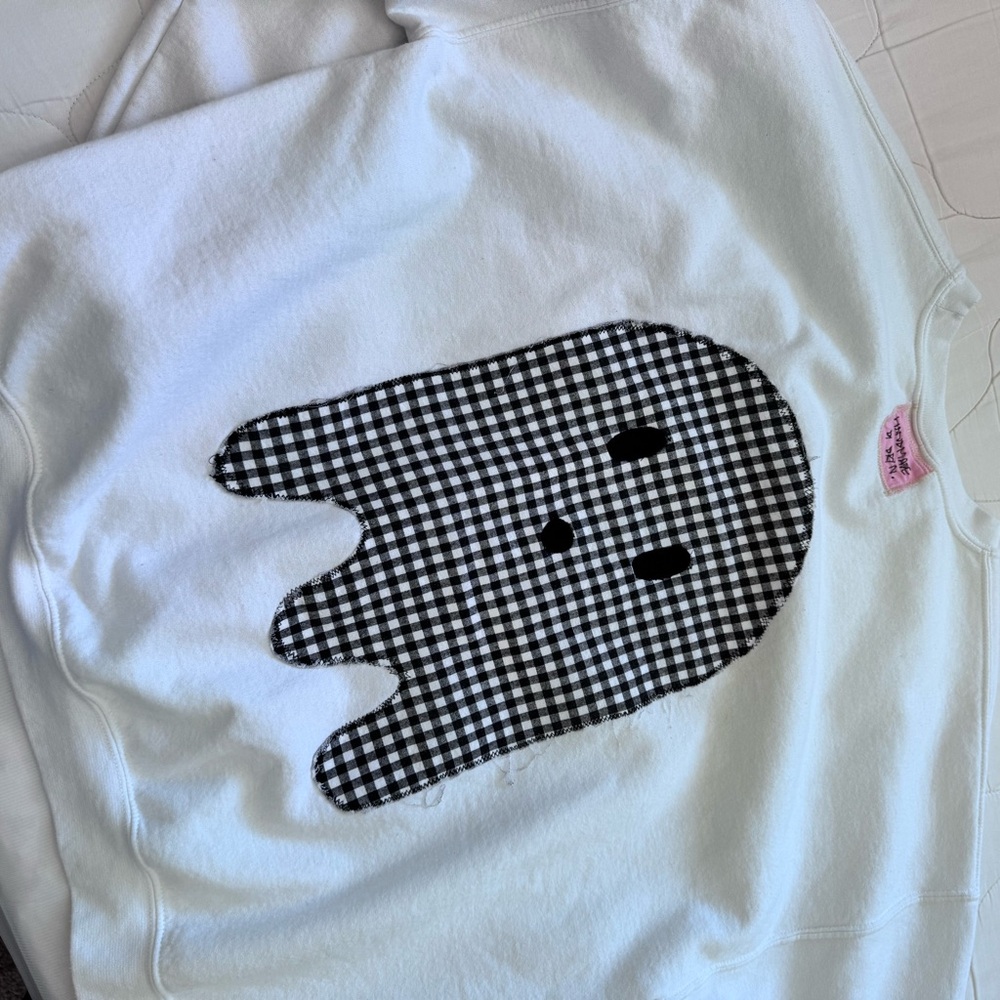 White Sweatshirt with Gingham Ghost Design